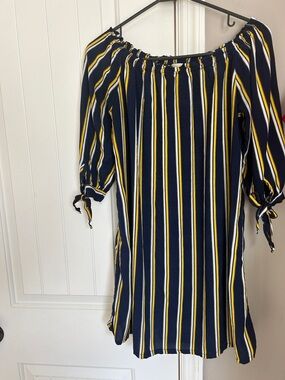 Navy Striped Off-Shoulder Navy Blue  Dress with Yellow & White Stripes